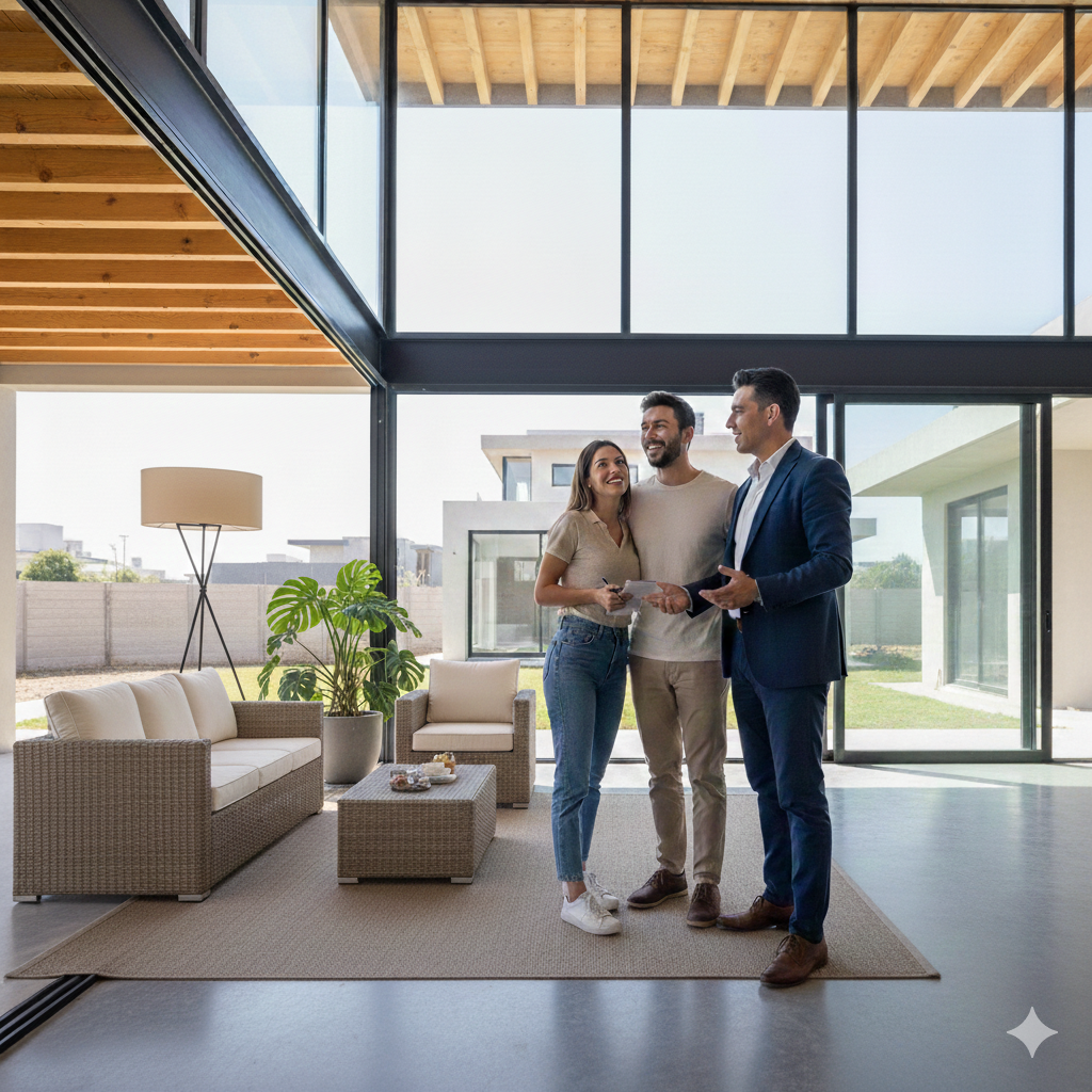 Asesor inmobiliario mostrando una propiedad.